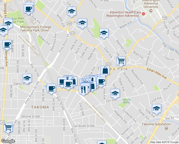 map of restaurants, bars, coffee shops, grocery stores, and more near 7218 Willow Ave in Takoma Park