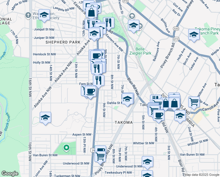 map of restaurants, bars, coffee shops, grocery stores, and more near 7200 8th Street Northwest in Washington