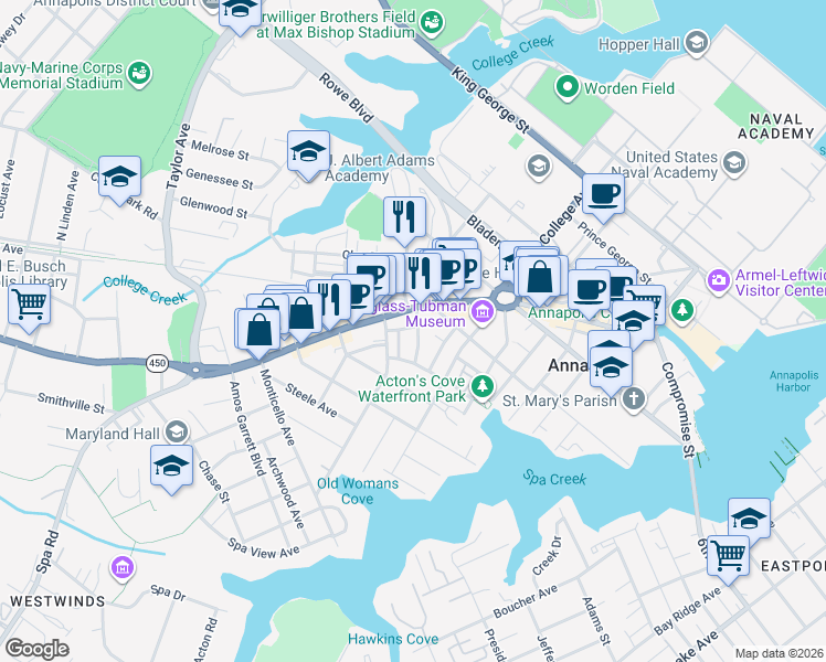 map of restaurants, bars, coffee shops, grocery stores, and more near 20 City Gate Lane in Annapolis
