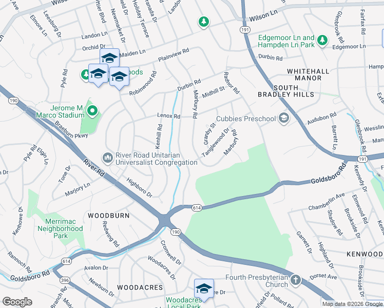 map of restaurants, bars, coffee shops, grocery stores, and more near 6804 Marbury Road in Bethesda