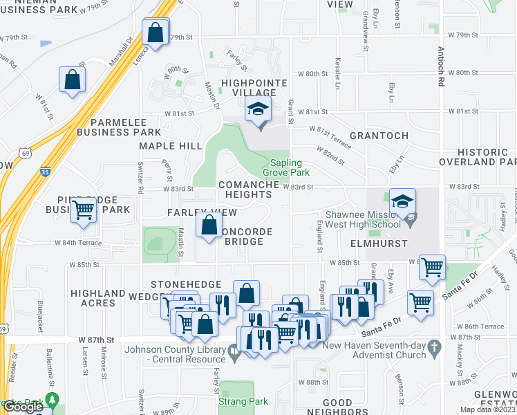map of restaurants, bars, coffee shops, grocery stores, and more near 8330 Carter Street in Overland Park