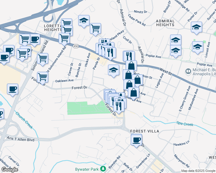 map of restaurants, bars, coffee shops, grocery stores, and more near 2134 Drew Street in Annapolis