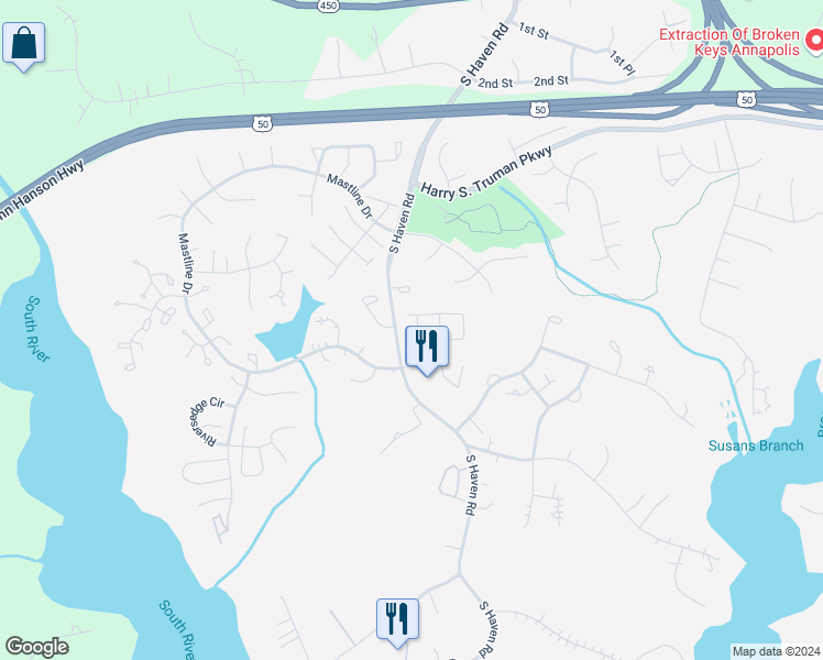 map of restaurants, bars, coffee shops, grocery stores, and more near 2620 Compass Drive in Annapolis