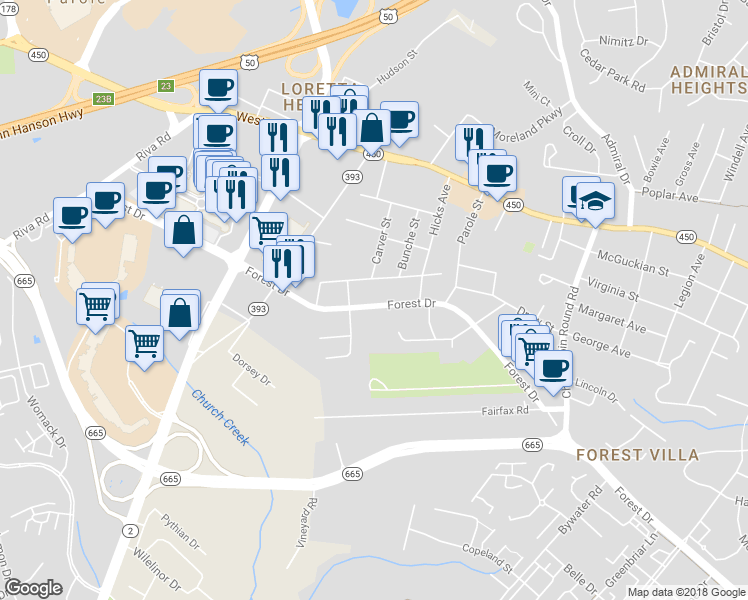map of restaurants, bars, coffee shops, grocery stores, and more near 2022 Forest Drive in Annapolis