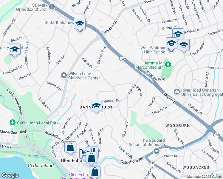map of restaurants, bars, coffee shops, grocery stores, and more near 6780 Brigadoon Drive in Bethesda