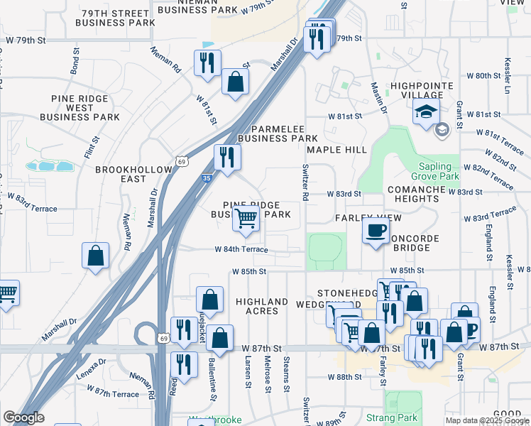 map of restaurants, bars, coffee shops, grocery stores, and more near 8349 Melrose Drive in Lenexa