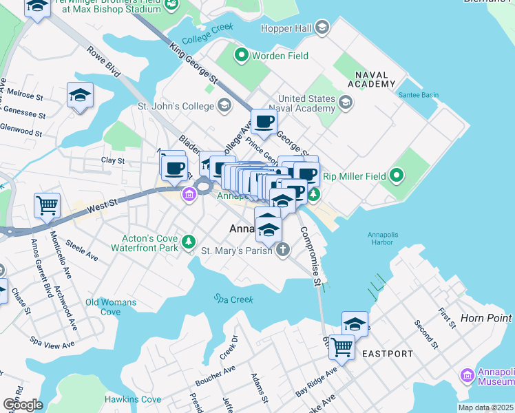 map of restaurants, bars, coffee shops, grocery stores, and more near 149 Main Street in Annapolis