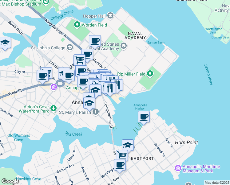 map of restaurants, bars, coffee shops, grocery stores, and more near 87 Prince George Street in Annapolis