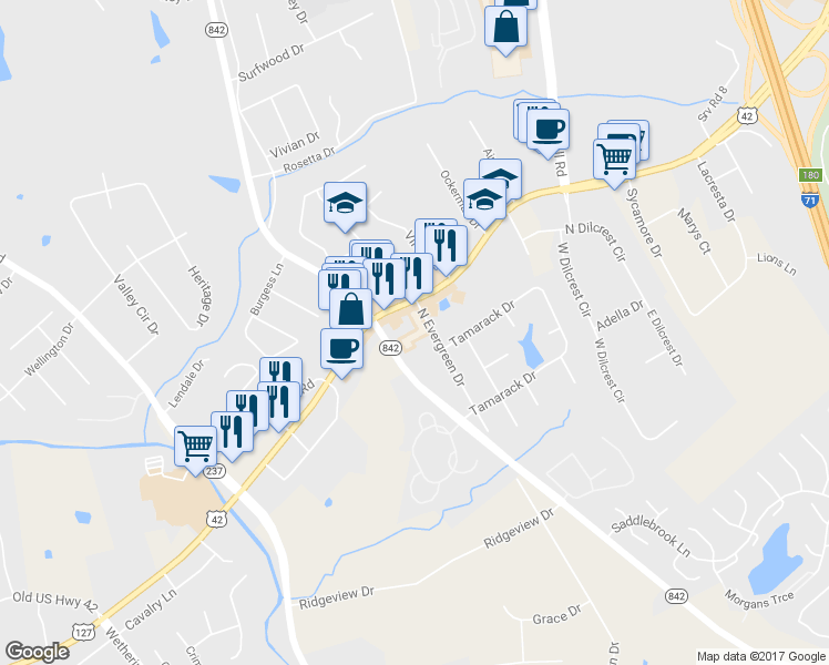 map of restaurants, bars, coffee shops, grocery stores, and more near 8449 U.S. 42 in Florence