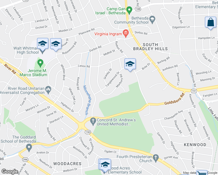 map of restaurants, bars, coffee shops, grocery stores, and more near 5832 Tanglewood Drive in Bethesda