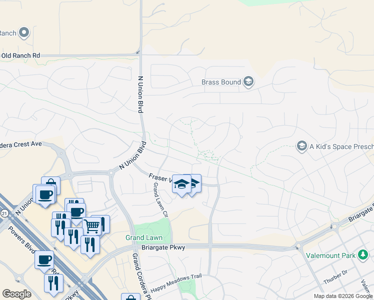 map of restaurants, bars, coffee shops, grocery stores, and more near 4934 Alberta Falls Way in Colorado Springs