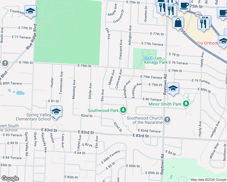 map of restaurants, bars, coffee shops, grocery stores, and more near 9403 East 80th Street in Raytown
