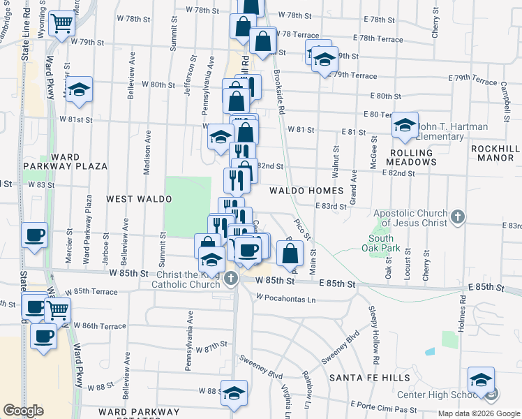 map of restaurants, bars, coffee shops, grocery stores, and more near 206 West 83rd Terrace in Kansas City