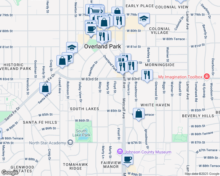 map of restaurants, bars, coffee shops, grocery stores, and more near 8325 Marty Street in Overland Park