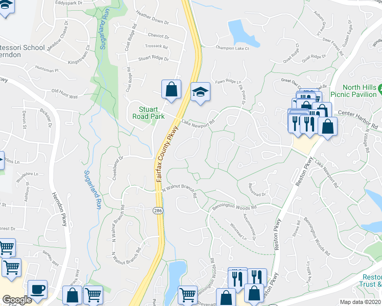 map of restaurants, bars, coffee shops, grocery stores, and more near 1549 Poplar Grove Dr in Reston