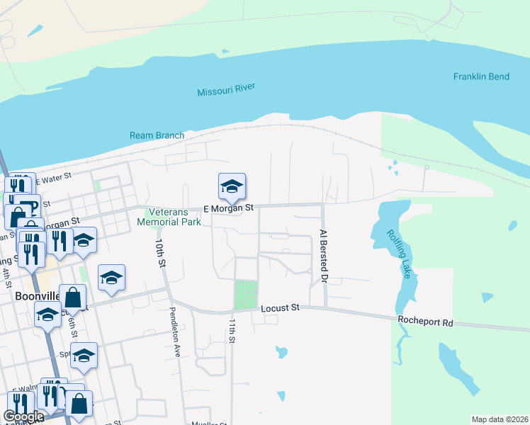 map of restaurants, bars, coffee shops, grocery stores, and more near 1216 East Morgan Street in Boonville