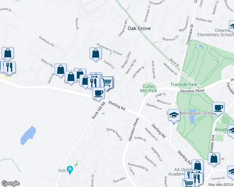 map of restaurants, bars, coffee shops, grocery stores, and more near 1499 Oak Trail Court in Herndon