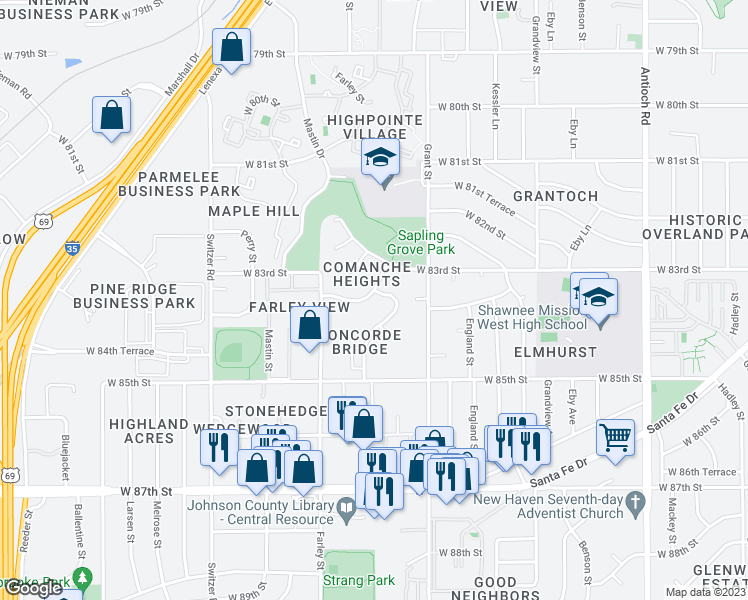 map of restaurants, bars, coffee shops, grocery stores, and more near 9701 West 83rd Terrace in Overland Park