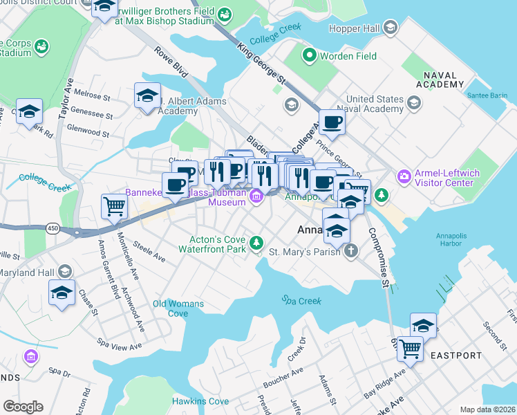 map of restaurants, bars, coffee shops, grocery stores, and more near 84 Franklin Street in Annapolis