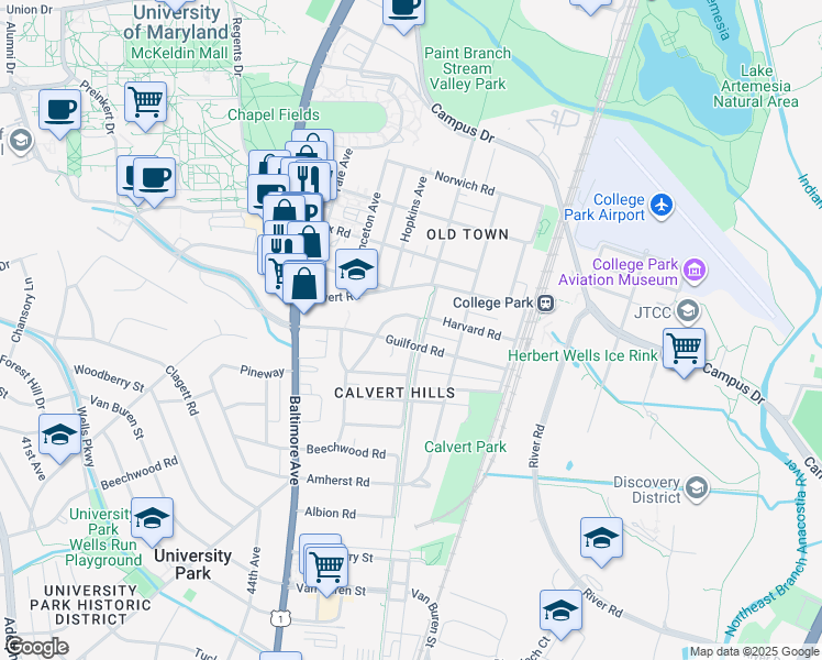 map of restaurants, bars, coffee shops, grocery stores, and more near 7202 Rhode Island Avenue in College Park