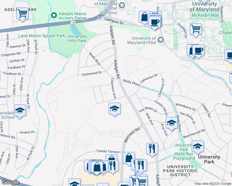 map of restaurants, bars, coffee shops, grocery stores, and more near 7105 Claymore Avenue in Hyattsville