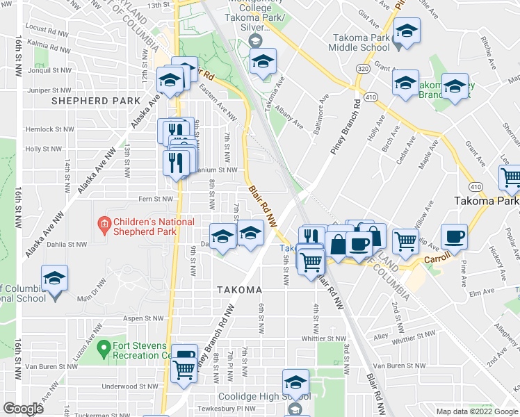 map of restaurants, bars, coffee shops, grocery stores, and more near 7214 Blair Road Northwest in Washington