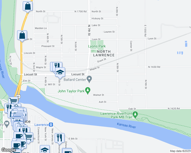 map of restaurants, bars, coffee shops, grocery stores, and more near 726 Locust Street in Lawrence