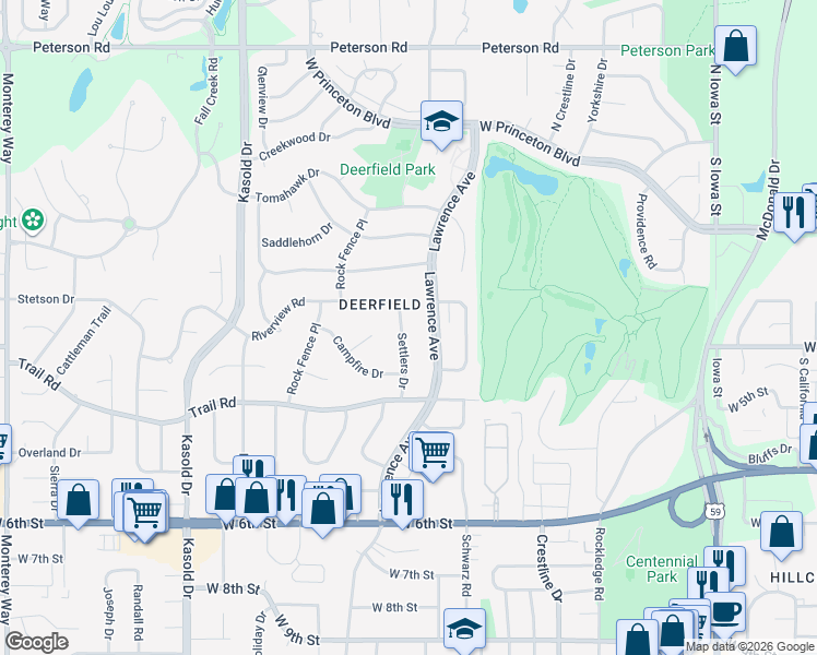 map of restaurants, bars, coffee shops, grocery stores, and more near 308 Settlers Drive in Lawrence