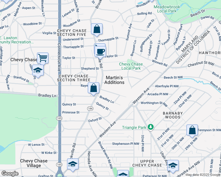 map of restaurants, bars, coffee shops, grocery stores, and more near 3515 Raymond Street in Chevy Chase