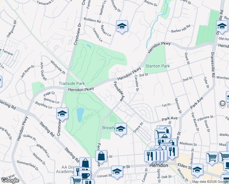 map of restaurants, bars, coffee shops, grocery stores, and more near 1037 Elder Court in Herndon
