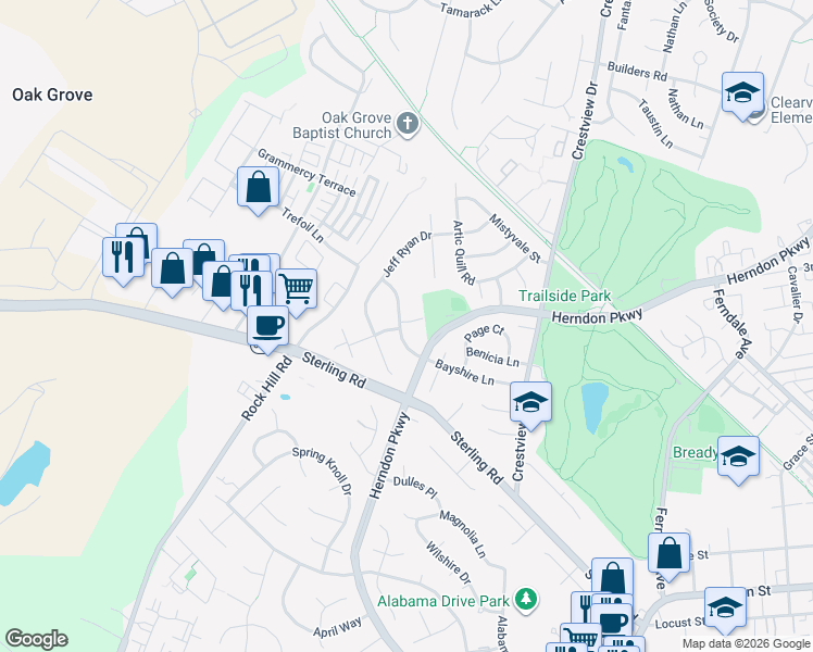 map of restaurants, bars, coffee shops, grocery stores, and more near 1408 Bayshire Lane in Herndon