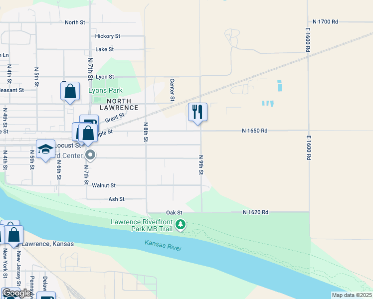 map of restaurants, bars, coffee shops, grocery stores, and more near 856 Locust Street in Lawrence