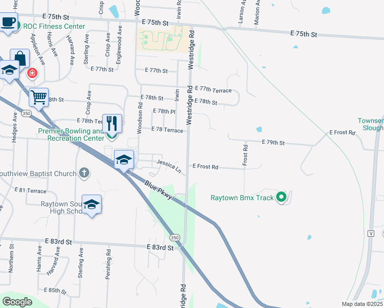 map of restaurants, bars, coffee shops, grocery stores, and more near 7915 Westridge Road in Raytown
