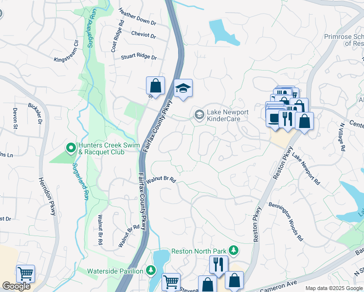 map of restaurants, bars, coffee shops, grocery stores, and more near 1544 Poplar Grove Drive in Reston