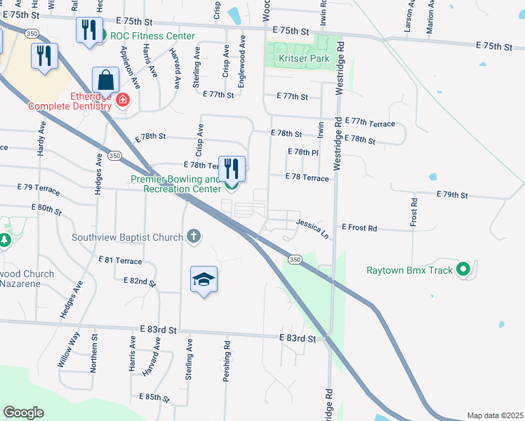 map of restaurants, bars, coffee shops, grocery stores, and more near 11601 80th Drive in Raytown