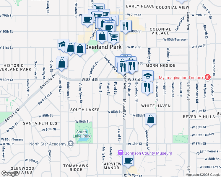map of restaurants, bars, coffee shops, grocery stores, and more near 8325 Marty Street in Overland Park