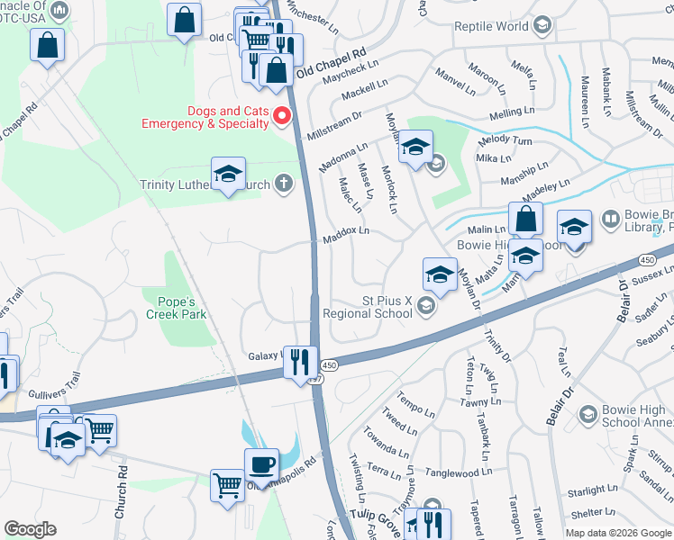 map of restaurants, bars, coffee shops, grocery stores, and more near 3435 Memphis Lane in Bowie