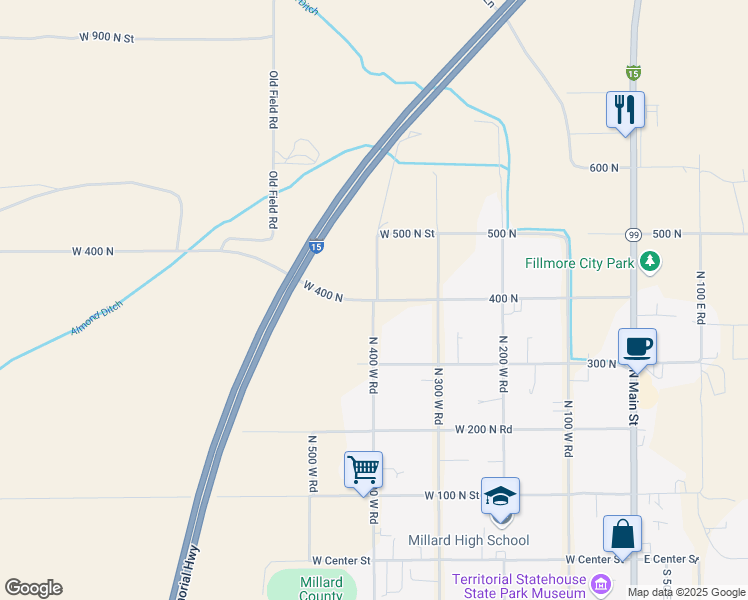 map of restaurants, bars, coffee shops, grocery stores, and more near 410 West 400 North Street in Fillmore