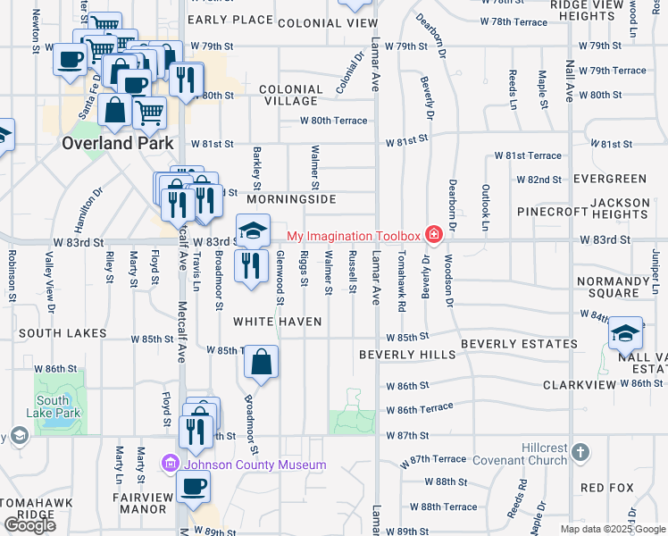 map of restaurants, bars, coffee shops, grocery stores, and more near 8327 Walmer Street in Overland Park