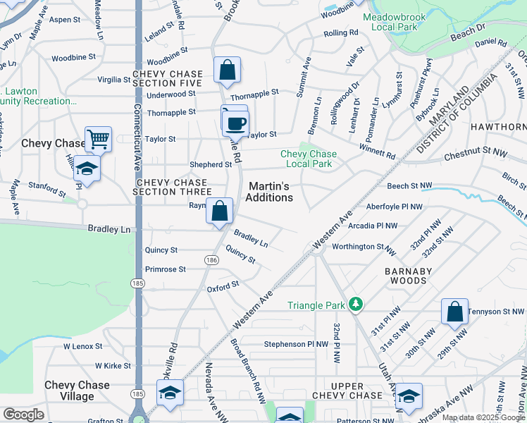 map of restaurants, bars, coffee shops, grocery stores, and more near 3513 Raymond Street in Chevy Chase