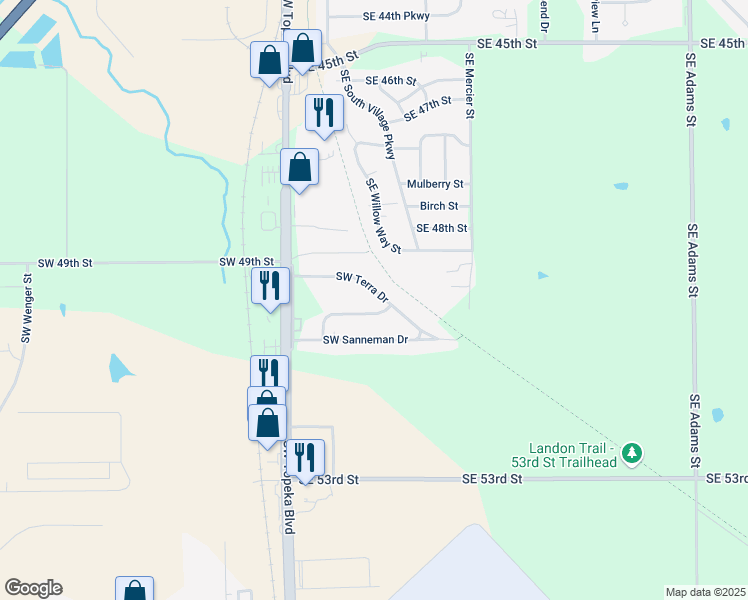 map of restaurants, bars, coffee shops, grocery stores, and more near 205 Southwest Terra Drive in Topeka
