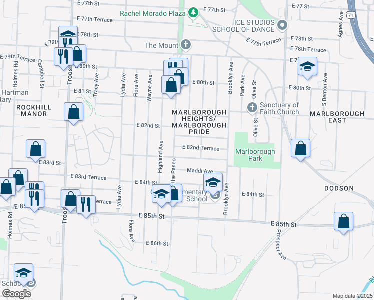 map of restaurants, bars, coffee shops, grocery stores, and more near 1825 East 82nd Terrace in Kansas City
