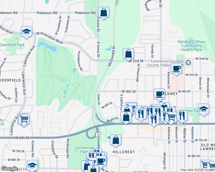 map of restaurants, bars, coffee shops, grocery stores, and more near 316 Northwood Lane in Lawrence