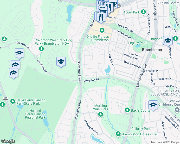map of restaurants, bars, coffee shops, grocery stores, and more near 42302 Porter Ridge Terrace in Brambleton