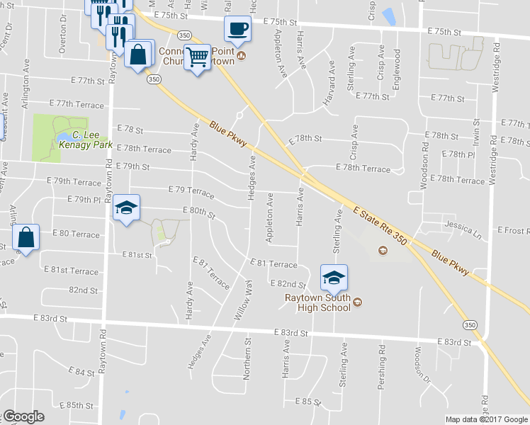 map of restaurants, bars, coffee shops, grocery stores, and more near 7908 Appleton Avenue in Raytown