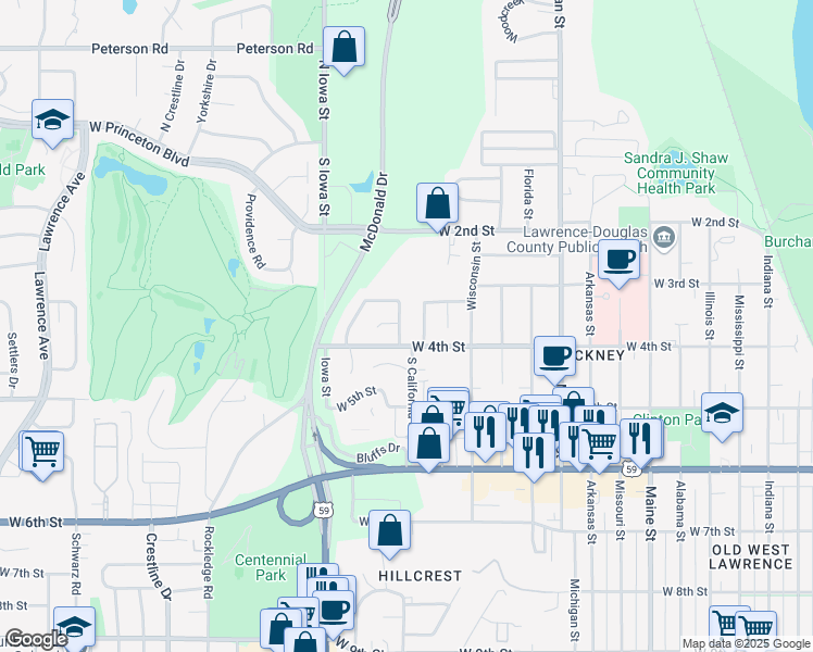 map of restaurants, bars, coffee shops, grocery stores, and more near 320 Birch Lane in Lawrence