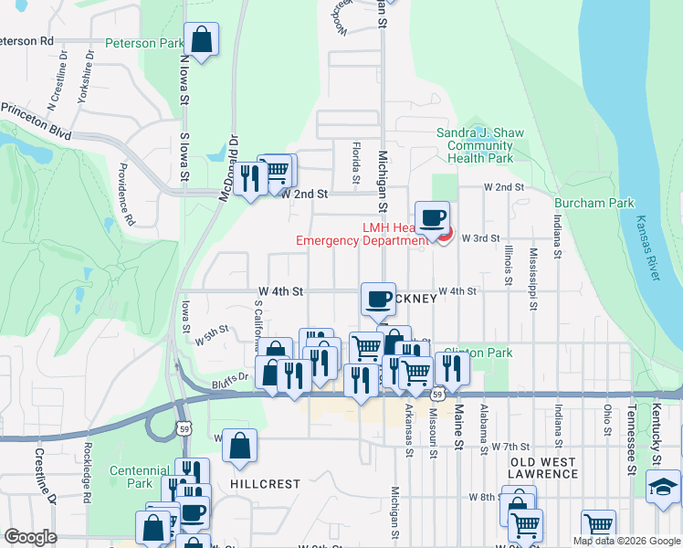 map of restaurants, bars, coffee shops, grocery stores, and more near 330 Minnesota Street in Lawrence