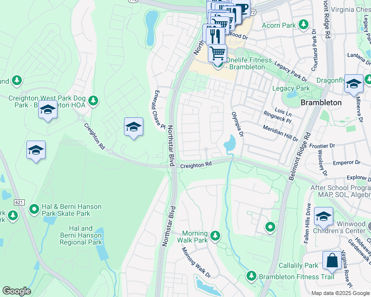 map of restaurants, bars, coffee shops, grocery stores, and more near 42284 Porter Ridge Terrace in Brambleton