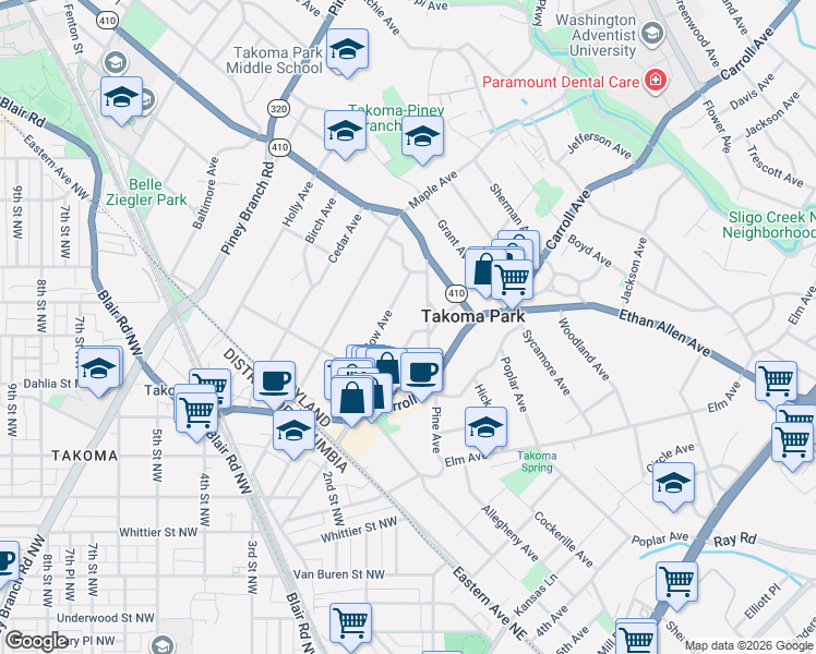 map of restaurants, bars, coffee shops, grocery stores, and more near 7228 Spruce Avenue in Takoma Park