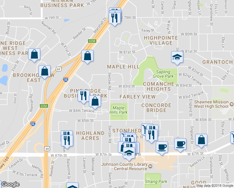 map of restaurants, bars, coffee shops, grocery stores, and more near 8321 Switzer Street in Overland Park